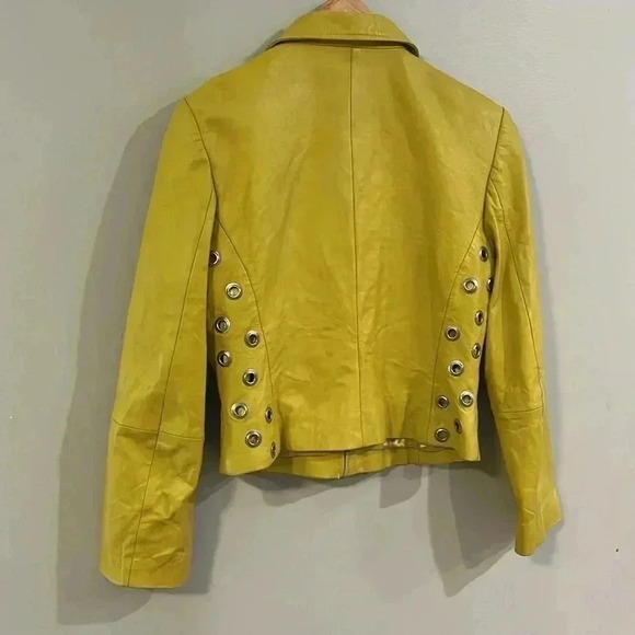 [M]Vintage  PLONGE Yellow Leather Cropped Women Jacket with Eyelet around Waist - Picture 5 of 13